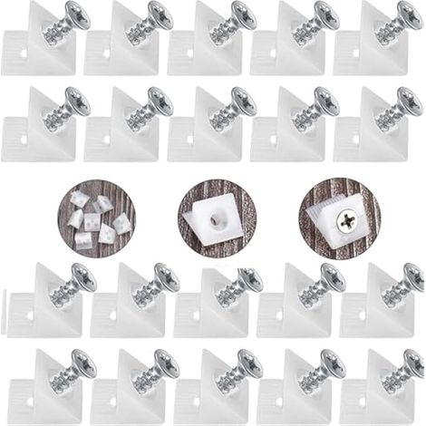 Lot de 20 connecteurs de paroi arrière et 20 vis en acier inoxydable, cales de tiroir, étagères de tiroir, paroi arrière d'armoire, support mural avec vis – Blanc
