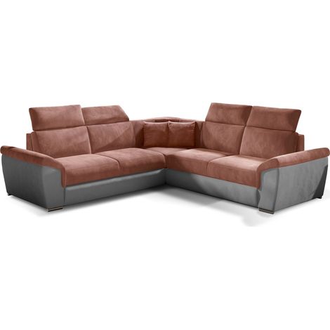 Canapé d’angle réversible convertible NEO en velours avec pieds en acier chromé – 266cm-Gris clair/Rouge tomette (1/5)