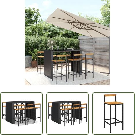 vidaXL Bar de jardin - Ensemble de bar jardin 7 pcs noir poly rotin/bois massif acacia (1/5)