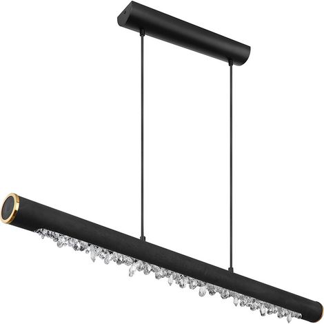 Pendelleuchte Holz Rustikal LED Hängeleuchte Esszimmer Holzleuchte mit Kristallbehang, Metall schwarz Acryl, 1x LED 15 Watt 980 Lumen warmweiß, LxBxH 100x8x150 cm