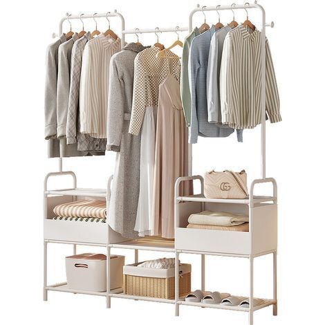 Armoire de rangement blanche penderie 125x30x165cm – Métal résistant avec placage chromé – 2 paniers en tissu inclus (1/4)