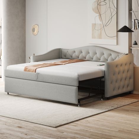 Tanant – Lit gigogne 90x200 cm avec canapé-lit intégré – Dossier riveté – Port USB – Sommier à lattes en tissu lin – Adapté enfants et adolescents – Gris