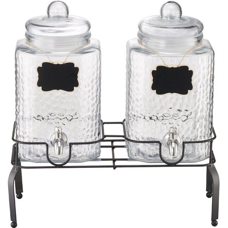 Distributeur de boissons en verre 5,5 L, lot de 2 avec support en métal et robinet inox pour jus, thé glacé et limonade. (1/5)