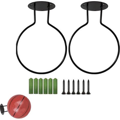 Paquete de 2 soportes de pared para balones de baloncesto - Estante metálico para balones deportivos de fútbol y voleibol con tornillos (Negro) (1/5)