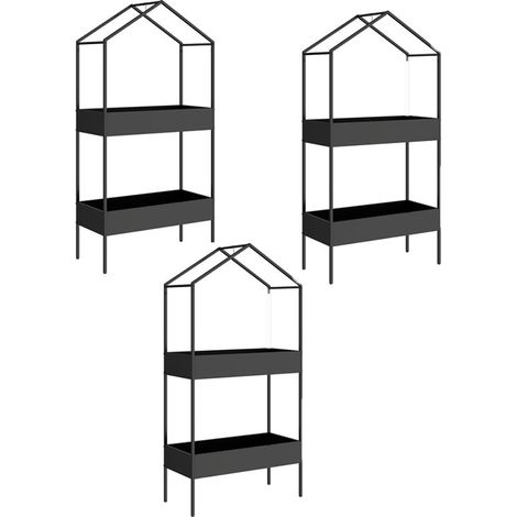 3er-Set 2-Etagen Pflanzenständer in Hausform, 150 cm hoch Blumenständer mit Haken, Metall Schwarz