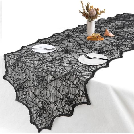 Schwarzer Tischläufer aus Spitze, 45 x 183 cm, Tischläufer für Halloween-Partys, Tischdecke aus Spitze für Halloween, schwarzer Läufer, Tischdekoration für Halloween (1/4)