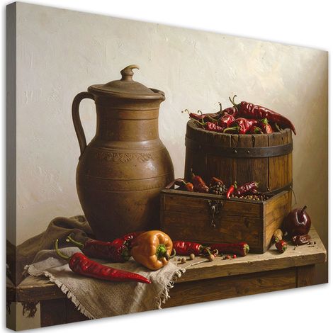 Wandbild Chilischoten schwarzer Pfeffer Krug 100x70 cm