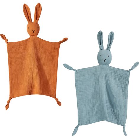 2 doudou lapin en mousseline de coton biologique, 25 x 25 cm, couverture de sécurité pour nouveau-nés et nourrissons (1/5)