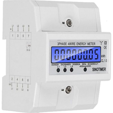 Compteur triphasé LCD, 4 fils, 80 A, calibré pour rail DIN. (1/5)