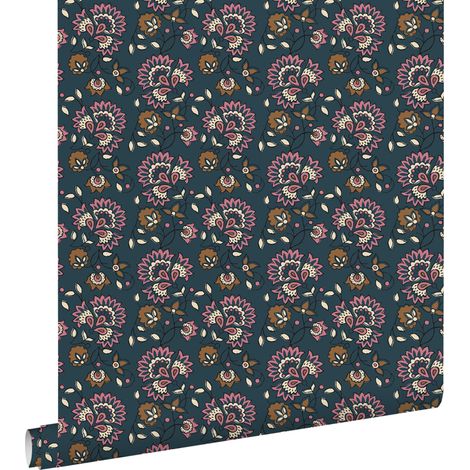 papier peint fleurs vintage bleu foncé et violet  - ESTAhome