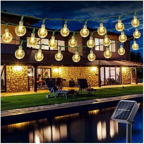 Guirlande Lumineuse Solaire Extérieure, 6.5M 30 LED Guirlande Lumineuse Boule de Cristal Solaire 8 Modes Imperméable Intérieur Extérieur pour Jardin, Patio, Mariage, Fête, Noël, Blanc Chaud (1/5)