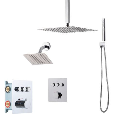 Mophorn Duschsystem-Set mit 12-Zoll Regenduschkopf, 6-Zoll Wandmontagekopf und 2-in-1 Handbrause. Drehbarer Doppelregenkopf mit drei Funktionen, Messingventil und Verkleidungssatz, Chrom (1/5)