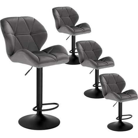 Woltu – Lot de 4 tabourets de bar réglables en hauteur – Siège en velours gris foncé – Dossier ergonomique – Base en métal antirouille