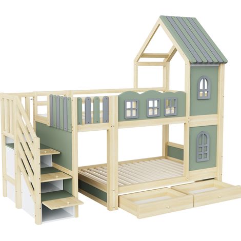 Cama litera infantil 90 x 200 cm con techo, escalera con almacenaje y cajones, verde HOMVRA (1/5)