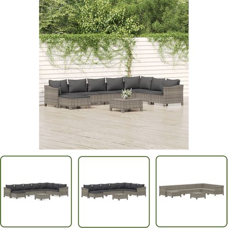 The Living Store 9-tlg. Garten-Lounge-Set mit Kissen Grau Poly Rattan - Gartenmöbel - Loungesessel - Outdoor Möbel - Rattan Gartenmöbel - Garten Lounge Set (1/5)