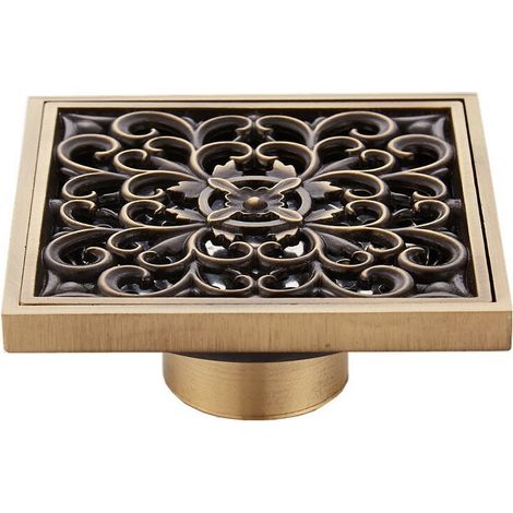 Brass Bathroom Floor Drain - Antique Flower Carved Single Square Shower Drain for Garden Toilet 10 x 10cm-8732T MUMU