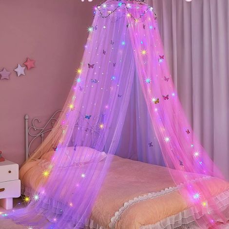 Kreatives Kinderzimmer-Deko-Set: Prinzessinnen-LED-Moskitonetz-Vorhang + Tagesdecke mit Sternen-/Schmetterlingsmuster (60 x 250 cm) – Farbe (1/5)