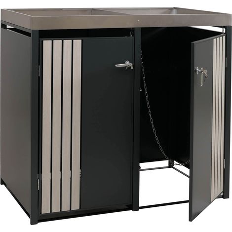 [NEUWERTIG] 2er-Mülltonnenverkleidung HHG-367, Mülltonnenbox mit Pflanzkasten, Metall 125x132x84cm 55kg anthrazit Holzoptik hell