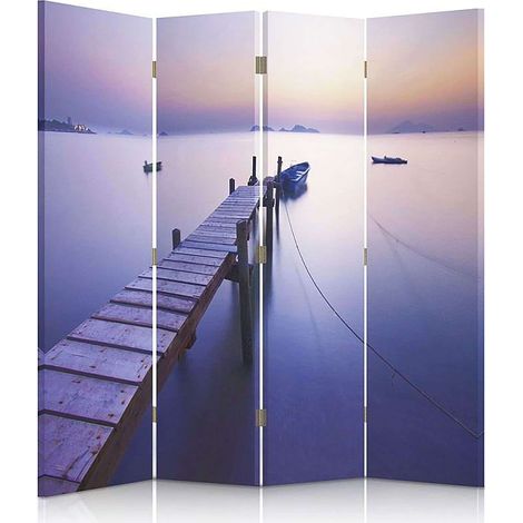 Paravent Sunrise : Évasion sur la Côte en 4 Panneaux - 145 x 180 cm - 1 face déco, 1 face noir