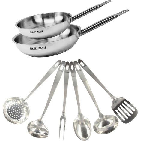 Set de 2 poêles de 24 et 28 cm en inox et 6 ustensiles inox Fackelmann Eterna (1/5)