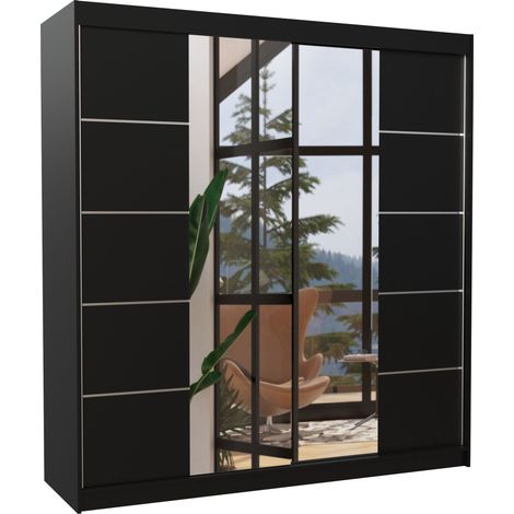 Les Tendances – Armoire chambre adulte 200cm – 2 portes coulissantes avec miroir – Penderie + étagères réglables – Noir (1/5)