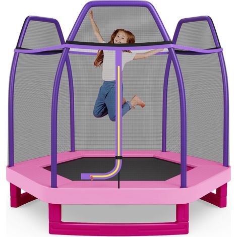 COSTWAY Trampoline Extérieur Ø 223cm Enfants avec Filet de Sécurité, Trampoline de Jardin Rond avec 6 Poteaux Recouvert de Mousse, Tapis de Saut, Charge150KG pour 2-3 Enfants de 3 Ans+ (Rose) (1/5)