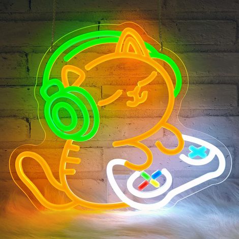Lampe néon LED motif Cat Gamer, dimensions 33 x 29 cm, décoration murale pour chambre et espace gaming