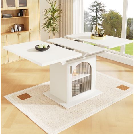Mesa de comedor extensible 110-140x80x76 cm blanca en MDF y vidrio con almacenaje (1/5)
