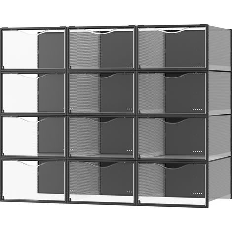 Boîtes à Chaussures, Lot de 12, Transparentes, en Plastique, avec Porte, Empilables, 33,2 x 23 x 14,5 cm, Transparent et Noir (1/5)