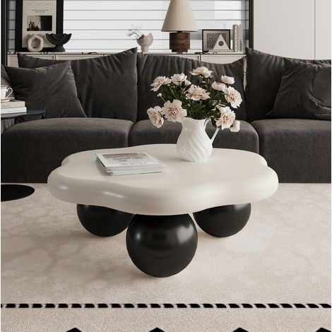 Tavolino da caffè 80x80x35 cm bianco e nero in MDF e plastica con forma nuvola e bordi arrotondati (1/5)