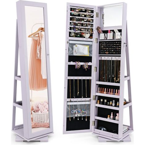 Mobile portagioielli indipendente 39 x 39 x 161 cm grande capacità chiudibile a chiave con specchio a figura intera in MDF viola 200010342