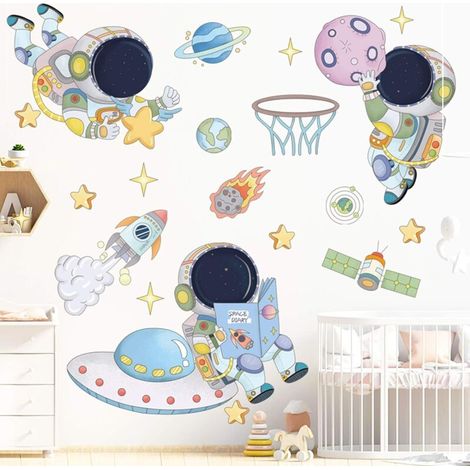 Astronaute Stickers Muraux Planète Espace Marche Vaisseau Spatial DIY Art Vinyle Amovible Peintures Murales Stickers Muraux, Mignon Dessin Animé Spaceman Cosmonaute Art Papier Peint (1/5)
