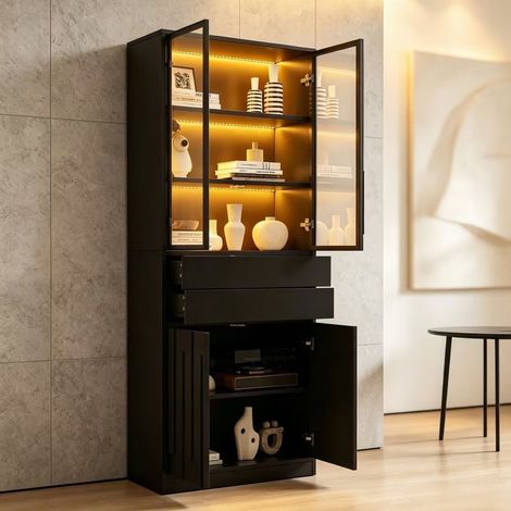 Vetrina a 2 pezzi con LED Bluetooth, 140x34x180 cm, porte in vetro temperato, nero, OKWISH (1/5)