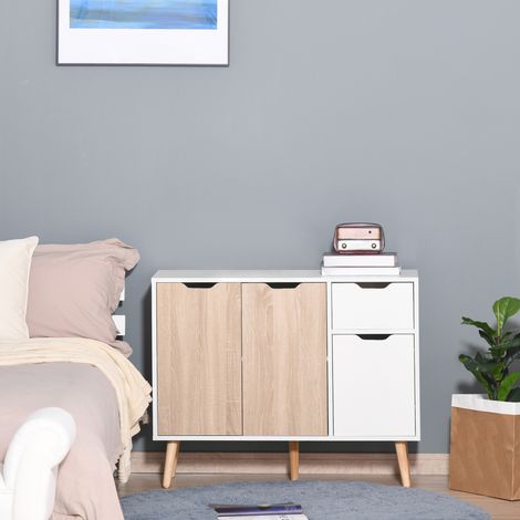Buffet design scandinave 2 placards tiroir coulissant pieds bois massif pin panneaux particules blanc chêne clair