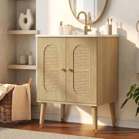 Mueble de baño con lavabo de cerámica 61 cm de pie - mueble bajo lavabo con puertas de ratán mdf estilo boho - madera natural (1/5)