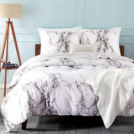 1 Housse de couette 220x240 cm, microfibre imprimée motif marbre, avec fermeture éclair et 2 taies d'oreiller, pour lit adulte (1/5)