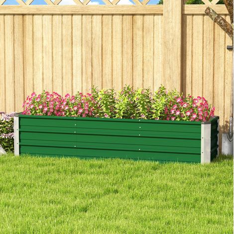 Jardinera elevada 183x47x40 cm verde de acero con base abierta para huerto y flores