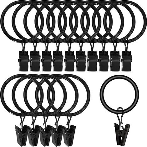 Juego de 40 anillas para cortina con clips para cortina de ducha，anillas de metal negro，negro，acero (1/5)