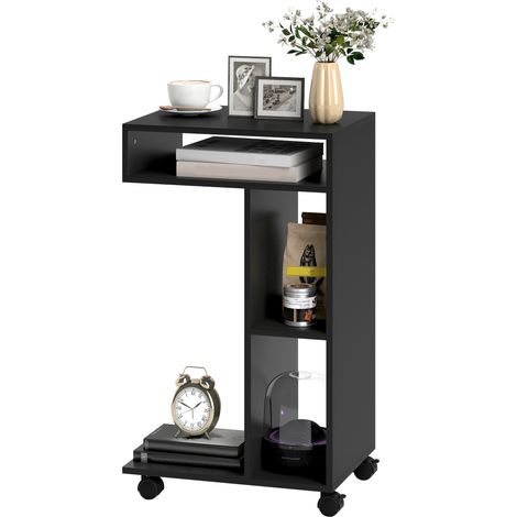 Table d'appoint en forme de C, table de chevet à 4 étagères, roulettes, table basse, table de salon, table pour ordinateur portable pour salon/chambre, 40 x 30 x 69 cm, noire (1/5)