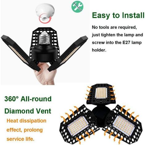 Éclairage Garage LED - 60 W - 6000 Lm - Panneaux Réglables - E27 - Blanc Froid 6000 K - 3 Unités (1/4)