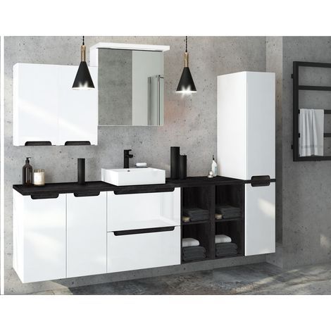 Badmöbel Komplettset Hochglanz weiß mit Beton-Dunkel SOFIA-107 Keramik-Waschtisch & LED-Spiegelschrank, B/H/T ca. 210/200/46 cm (1/5)