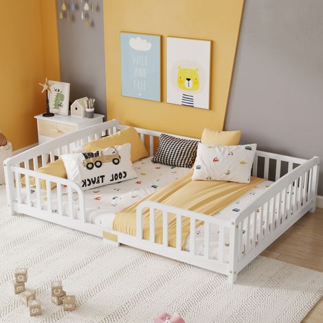 Kinderbodenbett 140 x 200 cm mit Rausfallschutz, zentraler Einstieg, weiß (1/5)