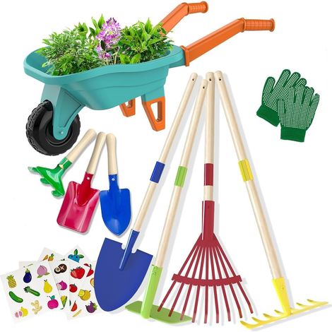 Set di attrezzi da giardinaggio per bambini, carriola da 70 cm con pala in metallo da 70 cm, rastrello, zappa, rastrello per foglie, pala da 20 cm, guanti da rastrello, giocattolo educativo per giardi