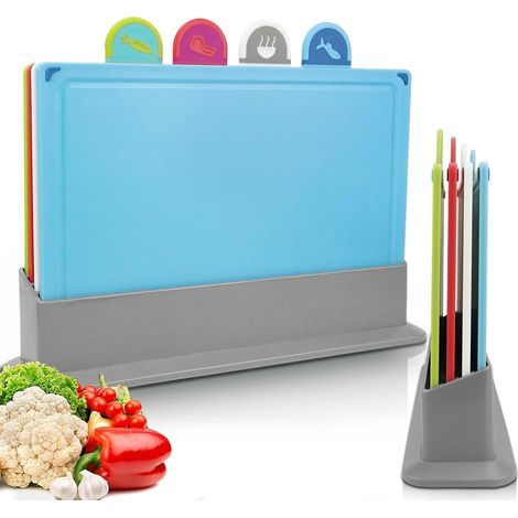 4 PCS Planche à Découper, Set Planche a Decouper Plastique Professionnelle sans BPA, Planches à Découper de Cuisine Antidérapante avec Support, Planche a Découper pour Viande Légumes Fruits (1/4)