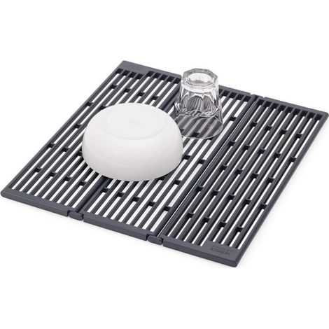 Égouttoir pliable et amovible, adapté à une utilisation au-dessus de l'évier, évacue l'eau rapidement, conception pliable ajustable, fond antidérapant, couleur gris anthracite. (1/4)