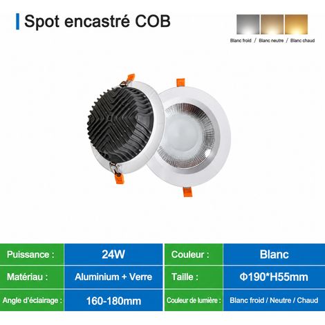 Spot encastrable LED COB 24W aluminium extra-plat Ø190mm blanc chaud 3000K 24w 160-180 190mm 3000k 300 g – Livraison gratuite