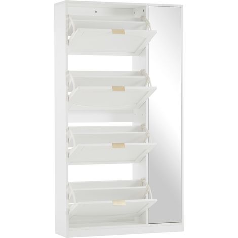 Moderner Schuhschrank mit Spiegel weiß 80 x 24 x 147 cm mit 4 Klappen und verstellbarem Regal (1/5)