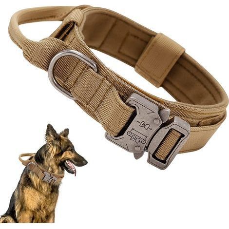 Collier tactique pour chien, collier militaire réglable en nylon avec poignée de contrôle, laisse tactique extensible avec boucle en métal, kaki, convient à la chasse aux chiens de taille moyenne L (1/5)