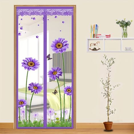1pc Purple Flower Moustiquaire Porte à Fermeture Aimantée, For Household Use Without Punching And Pasting, Summer Fly Proof Screen Windows, Rideau (1/5)