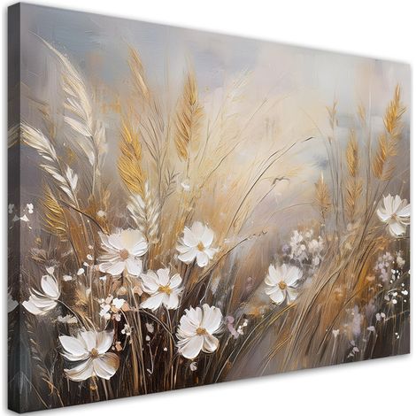 Tableau déco Champ d'herbes Fleurs Boho Beige 90x60